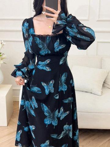 Women's Elegant Butterfly Print Dress, Spring Autumn