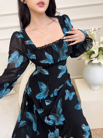 Women's Elegant Butterfly Print Dress, Spring Autumn