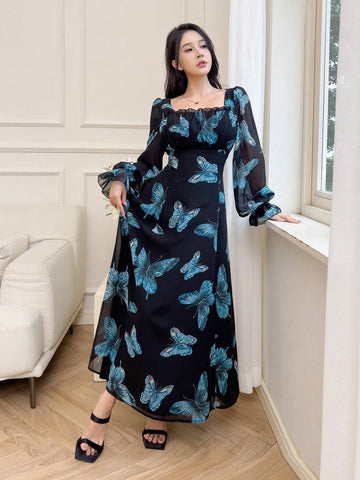 Women's Elegant Butterfly Print Dress, Spring Autumn