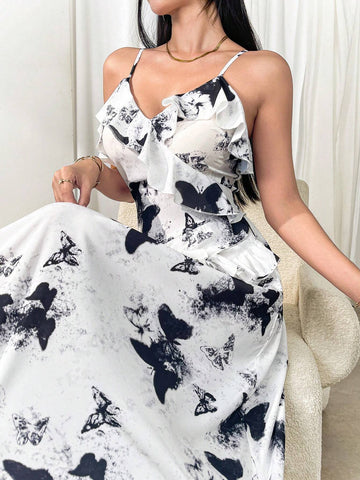 Women's Elegant Butterfly Print Flounce Hem Sleeveless Summer Dress