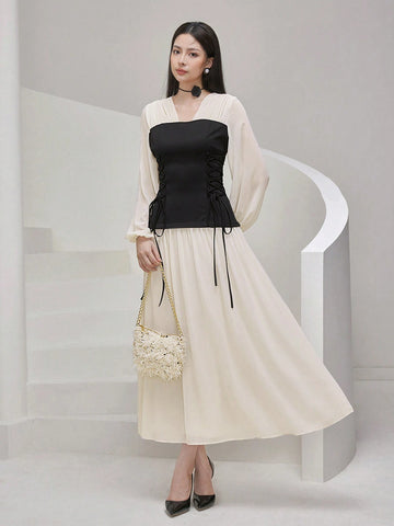 Women's Elegant Contrast Color Criss-Cross Tie Waisted Lantern Sleeve Dress