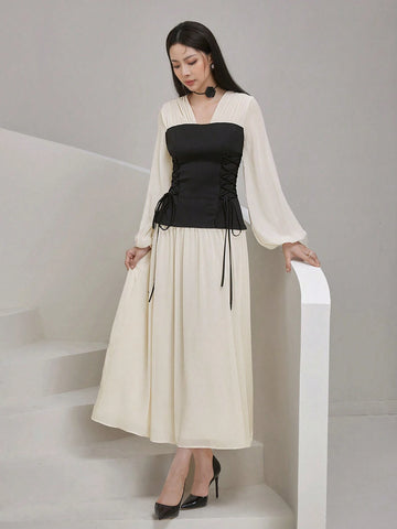Women's Elegant Contrast Color Criss-Cross Tie Waisted Lantern Sleeve Dress