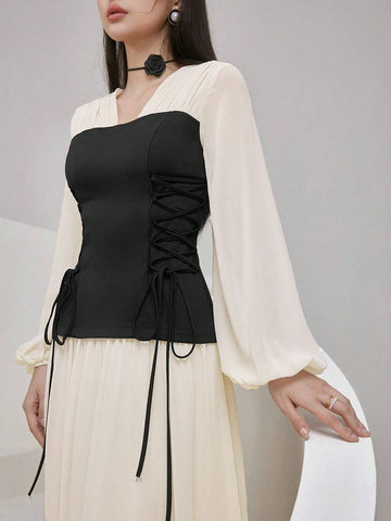 Women's Elegant Contrast Color Criss-Cross Tie Waisted Lantern Sleeve Dress