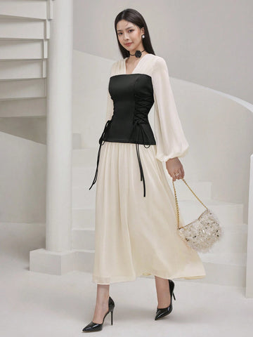Women's Elegant Contrast Color Criss-Cross Tie Waisted Lantern Sleeve Dress