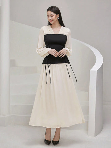 Women's Elegant Contrast Color Criss-Cross Tie Waisted Lantern Sleeve Dress
