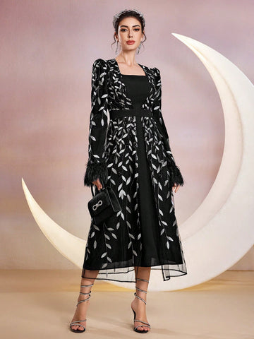 Women's Elegant Embroidered Dress With Cuffs And Trim