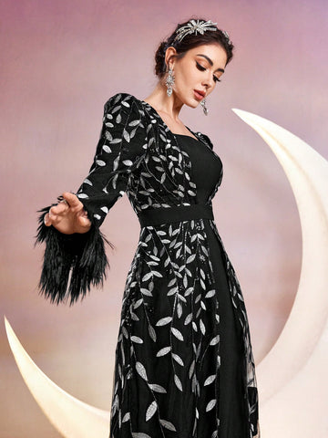 Women's Elegant Embroidered Dress With Cuffs And Trim