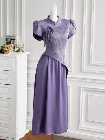 Women's Elegant Floral Jacquard Splice Stand Collar Petal Sleeve Dress For Summer