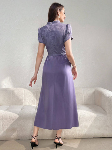 Women's Elegant Floral Jacquard Splice Stand Collar Petal Sleeve Dress For Summer