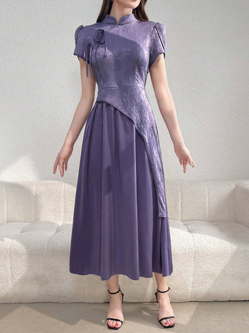 Women's Elegant Floral Jacquard Splice Stand Collar Petal Sleeve Dress For Summer