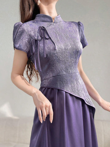 Women's Elegant Floral Jacquard Splice Stand Collar Petal Sleeve Dress For Summer