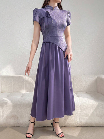 Women's Elegant Floral Jacquard Splice Stand Collar Petal Sleeve Dress For Summer