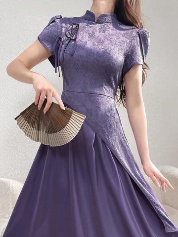 Women's Elegant Floral Jacquard Splice Stand Collar Petal Sleeve Dress For Summer