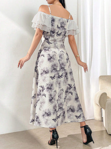 Women's Elegant Floral Print Front Button Splice Open Shoulder Slip Dress, Summer