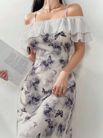 Women's Elegant Floral Print Front Button Splice Open Shoulder Slip Dress, Summer
