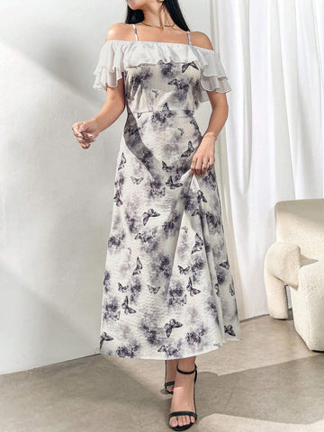 Women's Elegant Floral Print Front Button Splice Open Shoulder Slip Dress, Summer