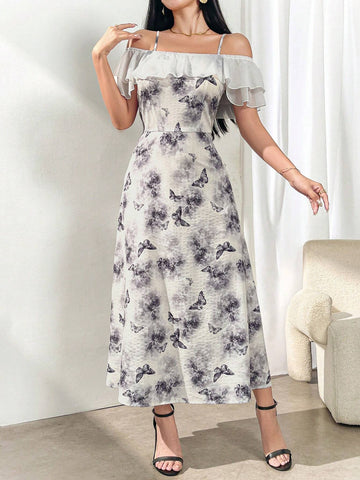 Women's Elegant Floral Print Front Button Splice Open Shoulder Slip Dress, Summer