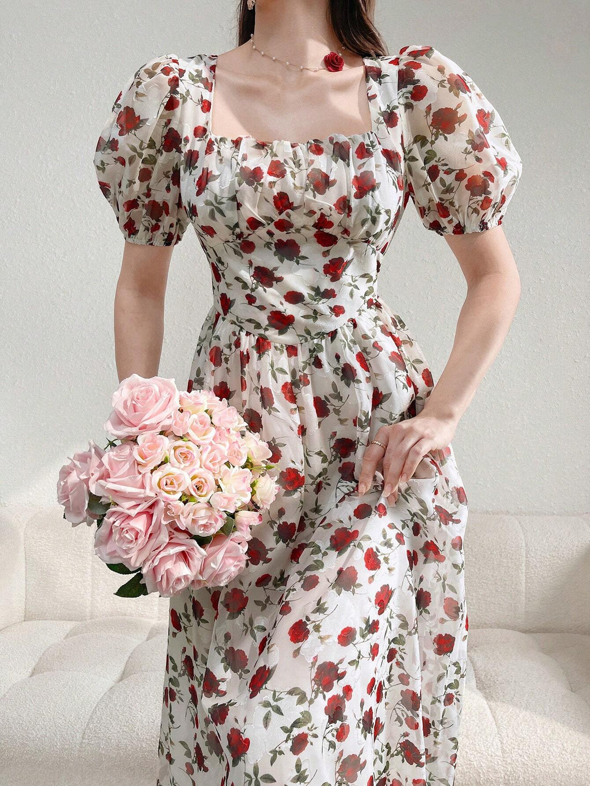 Women's Elegant Flower Print Puff Sleeve Long Dress With Cinched Waist For Summer