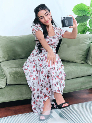 Women's Elegant Flower Print Puff Sleeve Long Dress With Cinched Waist For Summer