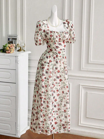 Women's Elegant Flower Print Puff Sleeve Long Dress With Cinched Waist For Summer