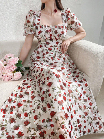 Women's Elegant Flower Print Puff Sleeve Long Dress With Cinched Waist For Summer
