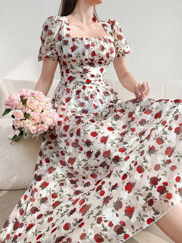 Women's Elegant Flower Print Puff Sleeve Long Dress With Cinched Waist For Summer