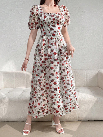 Women's Elegant Flower Print Puff Sleeve Long Dress With Cinched Waist For Summer