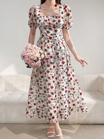 Women's Elegant Flower Print Puff Sleeve Long Dress With Cinched Waist For Summer