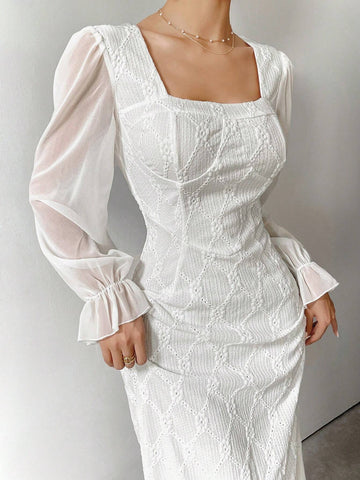 Women's Elegant Hollow-Out Embroidery Patchwork Dress, Spring/Summer