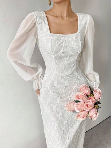 Women's Elegant Hollow-Out Embroidery Patchwork Dress, Spring/Summer