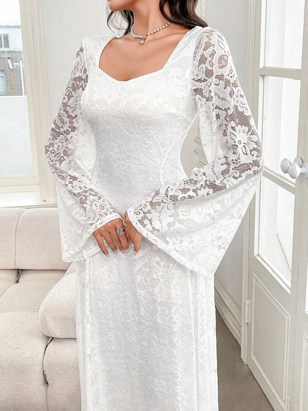 Women's Elegant Lace Flared Sleeve Sweetheart Neck Long Dress, Spring/Summer