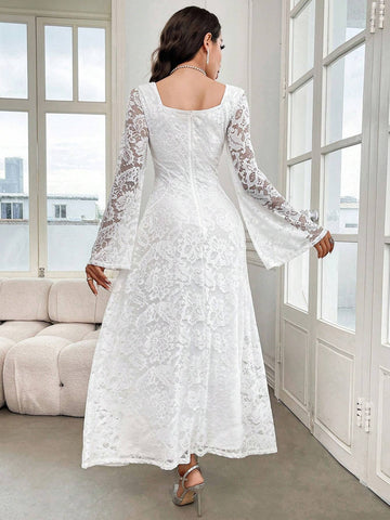 Women's Elegant Lace Flared Sleeve Sweetheart Neck Long Dress, Spring/Summer
