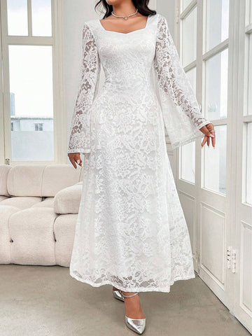 Women's Elegant Lace Flared Sleeve Sweetheart Neck Long Dress, Spring/Summer