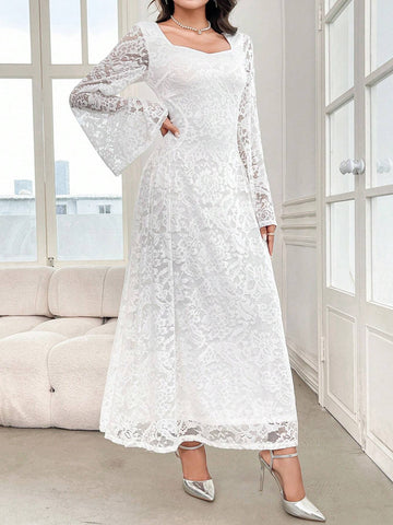Women's Elegant Lace Flared Sleeve Sweetheart Neck Long Dress, Spring/Summer