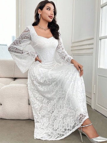 Women's Elegant Lace Flared Sleeve Sweetheart Neck Long Dress, Spring/Summer
