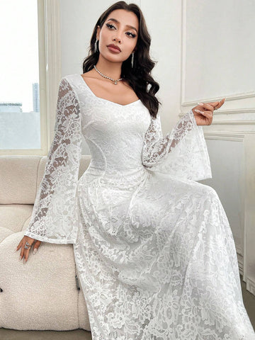 Women's Elegant Lace Flared Sleeve Sweetheart Neck Long Dress, Spring/Summer