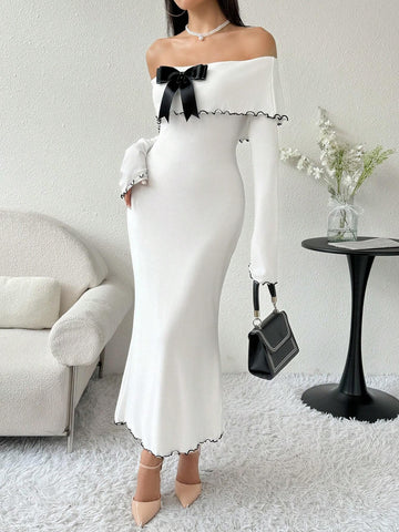 Women's Elegant Off Shoulder Bowknot Decorated Fishtail Dress, Spring & Fall