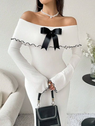 Women's Elegant Off Shoulder Bowknot Decorated Fishtail Dress, Spring & Fall