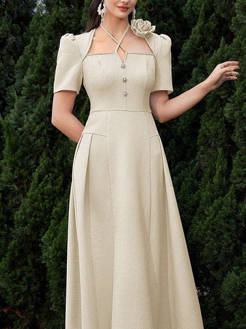 Women's Elegant Party Dress With 3D Flower Pleats Short Sleeves, Summer