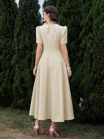 Women's Elegant Party Dress With 3D Flower Pleats Short Sleeves, Summer