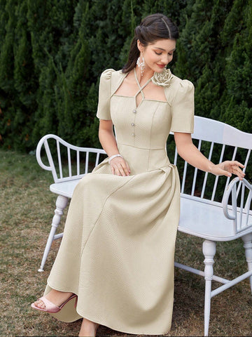 Women's Elegant Party Dress With 3D Flower Pleats Short Sleeves, Summer