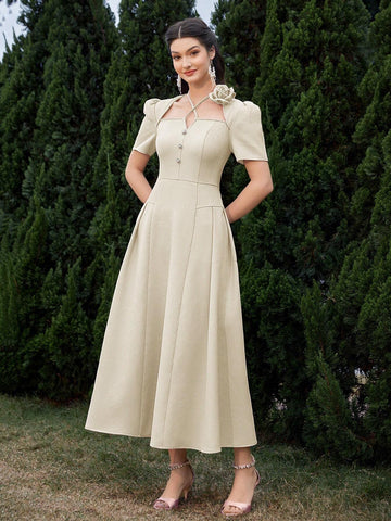 Women's Elegant Party Dress With 3D Flower Pleats Short Sleeves, Summer
