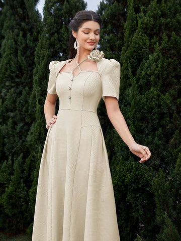 Women's Elegant Party Dress With 3D Flower Pleats Short Sleeves, Summer