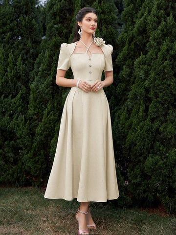 Women's Elegant Party Dress With 3D Flower Pleats Short Sleeves, Summer