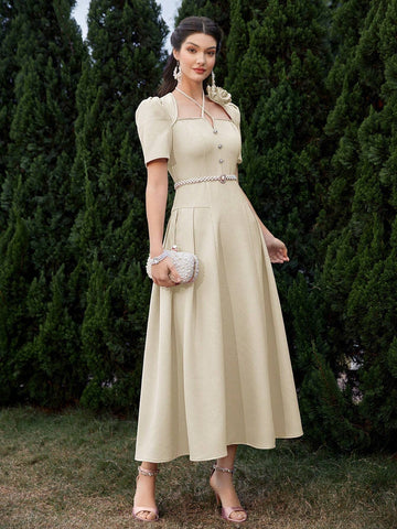 Women's Elegant Party Dress With 3D Flower Pleats Short Sleeves, Summer