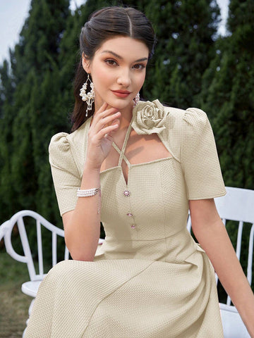 Women's Elegant Party Dress With 3D Flower Pleats Short Sleeves, Summer