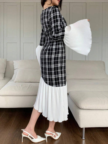 Women's Elegant Plaid V-Neck Flare Sleeve Ruffled Hem Long Dress For Spring Autumn