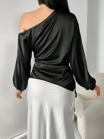 Modely Women's Elegant Solid Color Asymmetric Side Drawstring Blouse, Spring Autumn