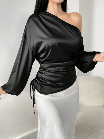 Modely Women's Elegant Solid Color Asymmetric Side Drawstring Blouse, Spring Autumn
