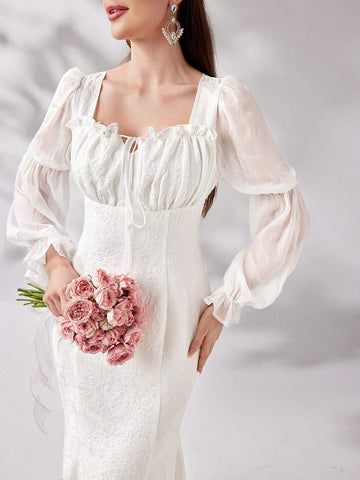 Women's Elegant Solid Color Front Tie Long Sleeve Dress